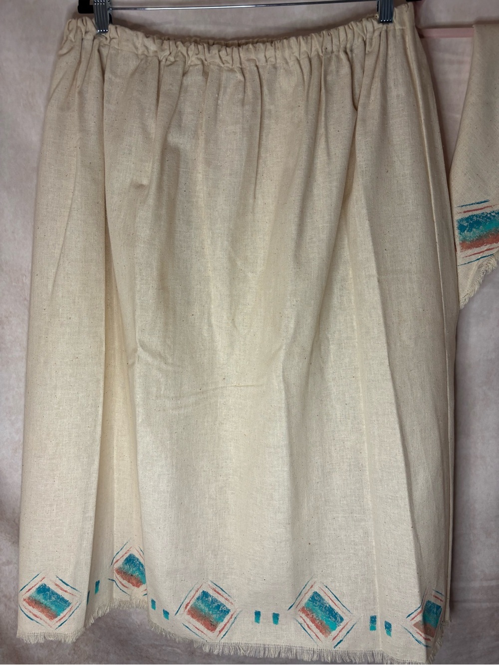 Hand-Painted Cream Midi Skirt with Teal and Coral Diamond Trim